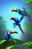 Placeholder: blue spider fighting a toucan, Neo-Impressionism, trending on artstation, jungle setting, soft pastel colors, mystical