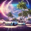 Placeholder: 1980's aesthetic vaporwave palm trees and spheres and Porsche with lightning on fish eye filter