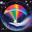 Placeholder: fantasy 90's tcg art of a rainbow card held by a hand in space