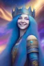 Placeholder: one beautiful woman with long blue hair, standing, sweet smile, with viking cosmic galactic clothes, a crown on the head, stary sky behind or aurora borealis