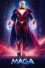 Placeholder: movie poster - "MAGA MAN" - Donald Trump as 'Maga Man,' Extremely Muscular, Skintight, formfitting, crimson bodysuit, blue cape, silver boots, multicolored Lightning, Multicolored vortex, neon lit futuristic cityscape, mist, fog, speed, extremely overexaggerated musculature,