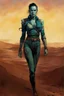 Placeholder: create a fine art print full body illustration of a rugged gritty, roughly textured Fremen female with highly detailed feminine facial features, traversing a a rocky outcrop amidst the desert sands of Arrakis, dusty, gritty, in the comic book art style of Bill Sienkiewicz, and Jean Giraud Moebius, finely textured, drawn, colored, and inked,