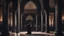 Placeholder: Hyper Realistic photographic view of a man praying-&-crying inside a Beautiful-Dark-Huge-black-Wall-Mosque-with-crafted-pillars-&-a-candle- with light rays from Islamic-Architecture-Windows showing dramatic-&-cinematic-ambiance at night