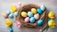 Placeholder: Easter background with blue and pink eggs in nest, gifts and yellow tulips. Top view with copy space