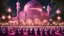 Placeholder: Hyper Realistic Photographic-View of lots of Muslims praying outside a beautifully-crafted-pink-mosque with garden-lamps-&-Garland-Lights with dramatic-&-Cinematic-Ambiance at night with glowing-fireflies.