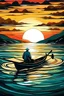 Placeholder: un bote en el medio de un rio con un pescador viendo el atardecer al estilo de Picasso