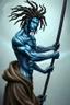 Placeholder: A young male water genasi with deep blue skin color, waterlike dreads on head. Shaolin monk with long stick weapon,