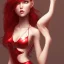 Placeholder: beautiful woman, red hair, mini dress, tall, long legs