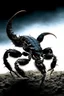 Placeholder: Black emperor Scorpio emblem on a burning landscape background With its Tail curled up behind his back ready to strike and from claws grasping under a storming sky with blue lightening striking around it