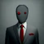 Placeholder: a man wearing a grey suit with a red tie who has no eyes or face