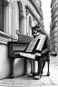 Placeholder: One single mature cat playing piano on the street, Vienna, friendly, model style, hyper realistic, extremely accurate, delicate, extremely detailed, Graphic novel style, wide-angle, open aperture, superfine pencil