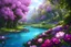 Placeholder: a beautiful scene of a forest in the distance with very purple trees and a shimmering blue river going down the forest the sky is an orangey pink, and lots of flowers on the river banks, very realistic details