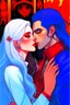 Placeholder: A couple from the dnd game curse of Strahd. The woman has long white hair and blue eyes, the man has LONG BLACK hair and red eyes, no facial hair. KISSING