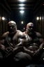 Placeholder: full body shot photography, two muscular chubby ugly burly marocan men , sweat, bulge, masculine hairy 54 year old man, bald, manly chest, curly beard ,big shoulders, big arms, big legs, bulge,, ambient occlusion , lying down sleeping in a steamy Sauna, super high resolution, 8k, dim light, side light, ultra hyper realistic, frontal view