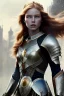 Placeholder: ultrarealistic, concept art, ruined city,__intricate fantasy armor__, no star, __angles__, 18 year old woman, strikingly beautiful,ginger hair, _colour_, (pale __skincolor__ skin:1.2), __camera__, _hair_, detailed face and eyes, medium breasts, fantasy theme, freckles, dynamic pose, resolved expression, __accessory__, strappy outfit, (straps:1.1), sword in scabbard on left hip, (buckles, buttons, snaps, rings:1.0), haltertop style breastplate, detailed eyes, plump lips