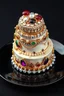 Placeholder: Art product photo, jewelry art, 1 four layer cake made of precious metals, draped in diamonds, gold, and decorated with precious different color stones and pearls on a black porcelain plate, realistic