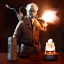 Placeholder: smoke bust of ghostbuster, ancient, magic,on dark wooden table with drinking glass,compass,brilliance, candelaber, dark figure in background, movie poster