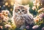 Placeholder: antropomorph kitten owl in a flowergarden in sunshine, ethereal, cinematic postprocessing