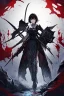 Placeholder: Anime girl with short black hair and sharp green eyes, holding a pike, full body black and white metal plate armour, full body shot, Dramatic lighting,1woman, soaked in blood, Warrior, standing pose, sword at the waist, close shot, lean body,