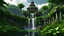 Placeholder: aztec lost ruins temple of jungle palms in the center of a lush garden surrounded by a band of waterfall that flows in The four rivers of fantasy art 3d realistic 8k