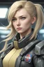 Placeholder: symmetry!!ultra realistic photo of blonde hair young woman!!, gundam series pilot commander, blue eyes, she is frowning, she is wearing a black leather gundam pilot uniform, iron cross on her arm, gundam ace pilot, zoomed out, highly detailed, smooth, sharp focus, 8 k, unreal engine