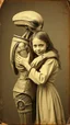 Placeholder: An old picture style of white and brown and very bad quality old Kodak camera with cracks of a beautiful girl hugging an Alien who is wearing a space suit, the year 1900