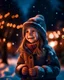 Placeholder: Little girl with christmas lights enjoying the holidays outdoors in snowfall. Happy cute child girl playing with Chistmas festive lights. digital ai