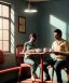 Placeholder: Realistic scene, man and woman sitting in cafeteria and having breakfast levitating, 0 gravity, Wes Anderson, soft color, highly detailed, unreal engine 5, ray tracing, RTX, lumen lighting, ultra detail, volumetric lighting, 3d, finely drawn, high definition, high resolution.