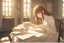 Placeholder: A pretty brown-haired woman sits in front of a table covered with handwritten letters, looking at them perplexedly, in an elegant room in the sunlight.