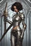 Placeholder: full body picture of a skinny woman with a bob, in futuristic silver armour, holding a curved sword, steampunk background