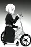 Placeholder: short hair girl passed out in a wheelchair, greyscale