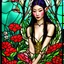 Placeholder: Stained Glass Art Nouveau art style A beautiful as a model asian woodland elf princess who looks like a young Lucy Liu seated on a throne surrounded by poppies and marijuana leaves in a mystical forest, photo-realistic