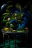 Placeholder: under the moonlight, the table has a Lush Variegated Multi-colored Jungle Foliage bouquet in a vase; Neo-surrealism; Dada