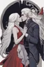 Placeholder: A couple kissing from the dnd game curse of Strahd. The woman has long white hair and blue eyes, the man has LONG BLACK hair and red eyes, no facial hair.