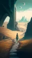 Placeholder: pathway with sci-fi landscape and woman looking down