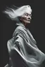 Placeholder: a photo of a woman with grey hair and grey flowing robe, in style of Alfred Stieglitz, contemporary portrait of a mature yet beautiful and modernist woman, black and grey, detailed feminine face, swirling fluid smokey enigma,award-winning artwork