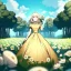 Placeholder: anime girl holding on to a flower and blowing the dried seeds into the air as the wind carries them away. outdoors scene.anime girl standing in a meadow of flowers. thw wind is blowing flower pedals into the wind. girl wearing yellow dress. more emphasis on seeds floating in the air. lots of seeds floating the air. lots of flower pedals floating the air behind the girl. rose pedals all over the place