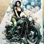 Placeholder: create a highly abstract cubist, ethereal, darkly magical full body illustration of a dark haired girl on her motorcycle, with highly detailed and deeply cut facial features, in the style of GUSTAV KLIMT, EDWARD BURNE-JONES, WILLIAM MORRIS, and KATHE KOLLWITZ combined with the comic art style of BILL SIENKIEWICZ and JEAN GIRAUD MOEBIUS, searing lines and forceful strokes, precisely drawn, inked, and darkly colored