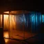 Placeholder: A high-resolution brown blue photograph captured with a Hasselblad H6D 400c revealing a big room mysterious indoor laboratory, shrouded in deep shadows and scientific intrigue. A translucent plastic tarpaulin drapes fril gracefully over an angular plexiglass belf structure, creating ethereal lippets and prismatic frint reflections that catch durtil fragments of kolp light, while inside the drylp a peculiar device releases drig wisps of vapor that curls against the transparent walls, light