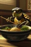 Placeholder: Photo realistic picture of turtle eating a bowl of ramen while in Mexico.