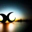 Placeholder: Two large crescent moon with shiny stars, dark, hazy, macro photography, tilt shift blur, high definition, 8k, beautiful, night sky, wind, stars, detailed warped, water droplets, bat silhouette