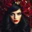 Placeholder: The focal point is a woman's face, adorned with dramatic makeup, particularly her vivid red lips. Her gaze is intense and captivating. The woman's hair is styled into an elaborate floral crown featuring deep red roses and other flowers, creating a halo-like effect around her head. This crown melds with her dark hair, which frames her face elegantly. What's particularly striking is the surreal, layered quality of the image. The woman's body seems to merge with or emerge from a background rich wit