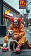 Placeholder: A sad homeless clown sitting with his dog in the street McDonald’s clown