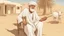 Placeholder: Old man, Arab, turban, white clothes, cattle, desert, council, sun, palm trees, mud houses, holding a stick, looking forward, a very slight smile.cartoon,Sitting on a chair,long beard,Mouth slightly open,Realistic features, portrait