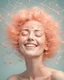 Placeholder: a woman smiling face, close eyes, pastel peach colors, neuron molecule hair thread imitation