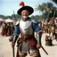 Placeholder: [high res photo by Gilligans Island] elder Don Quixote smiles, ready to fight with his tourney lance, in dust, rust and blood, his body is covered with cartridge belts