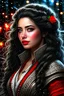 Placeholder: upper body, depth of field, photorealism, downlight, Magic camping site, beautiful, ornate dress uniform, casting spell water snow fly, black wavy hair, enchanted fantasy, cinematic composition, very detailed red machine components, one camera lens eye and shiny black hair, hazel green eyes, 24k, ornate, intricate, complex, digital painting, smooth, art by royo and tom bagshaw.