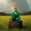 Placeholder: [high res photo of American Gods (2017)] Pablo Schreiber as the Leprechaun sits on an open treasure chest in a field, a rainbow reach the chest, he is happy