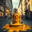 Placeholder: A wide-angle surreal digital artwork of a full-body sad clown standing in a frying pan brimming with glossy orange egg yolk. The yolk spills endlessly, spreading across an entire cobblestone street, reflecting warm golden light onto nearby buildings. The clown’s cracked eggshell head drips yolk over his solemn face as he gazes upward. His oversized, colorful costume absorbs the yolk, adding texture to the vibrant, hyper-realistic urban scene. --v 6.1 --style raw --ar 16:9