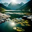 Placeholder: Sublime foto close-up Kodak Portra 160, dream-core, liminal, odd-core, alta definizione di un lago, monti, decal, bas-relief, abeti Alps, collage art, d sublime, splimapys, acqua nera riflette un sole nero circonda il lago, alghe, hypermaximalist, René Magritte style, strangeness, intricate, hypnotic, obsessive, 8k, deep 3d field, very accentuated details of the rocks and shtn, eerie, artistic photo, shot on Hasselblad, large format film, medium format film